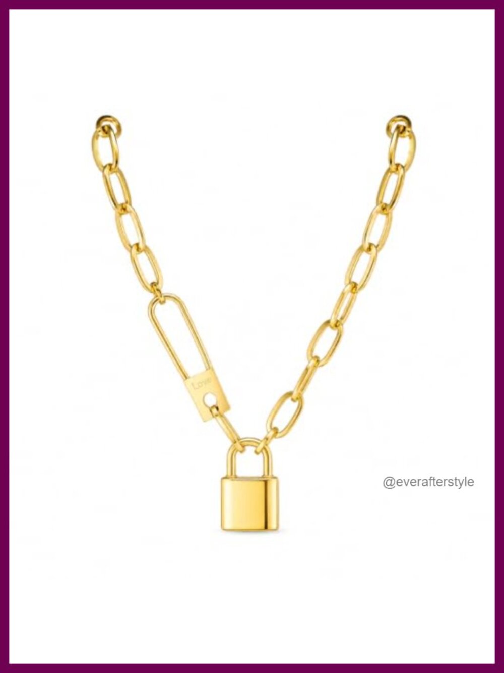 18k Gold Plated Love Lock Pendant Necklace, Paperclip Chain, Adjustable, Non